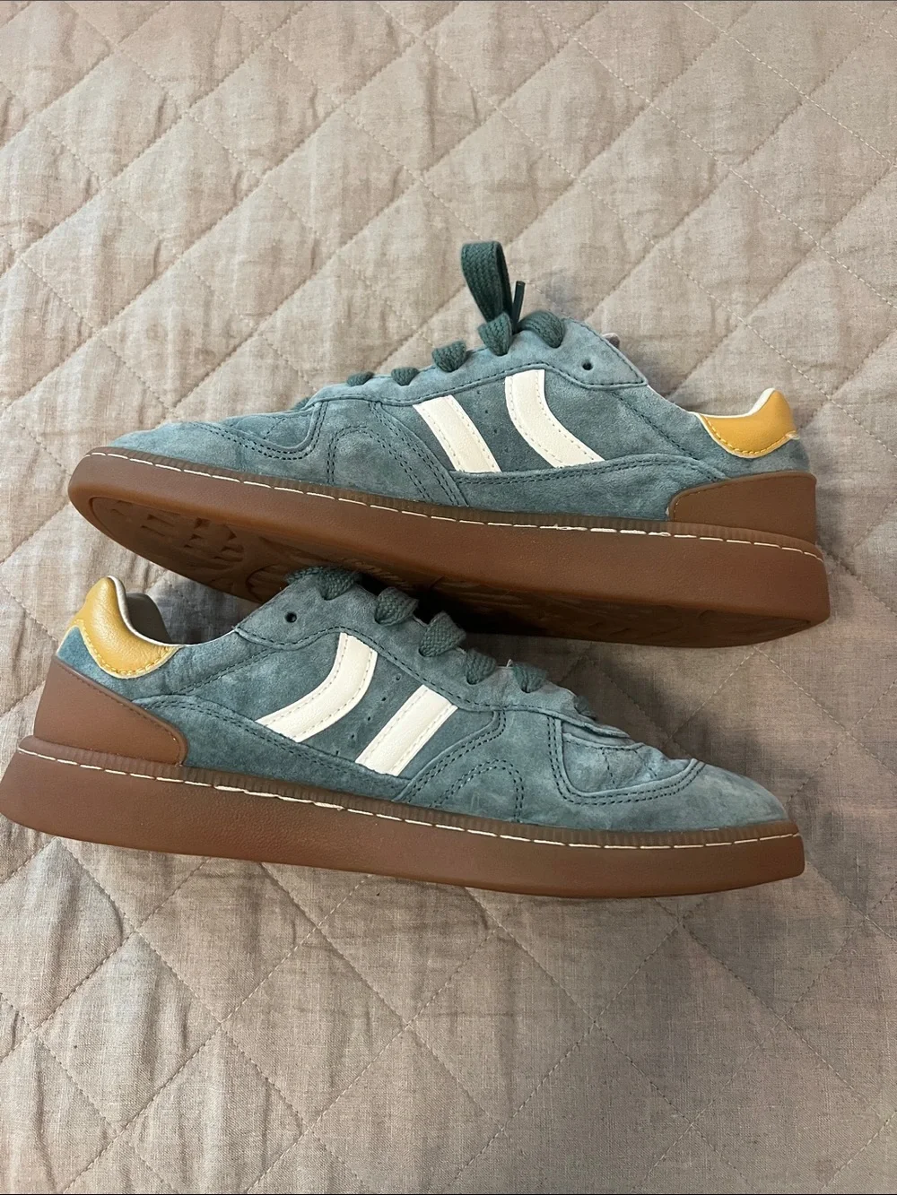 Coolway Teal Green Suede Sneakers with Yellow Heel Accent
